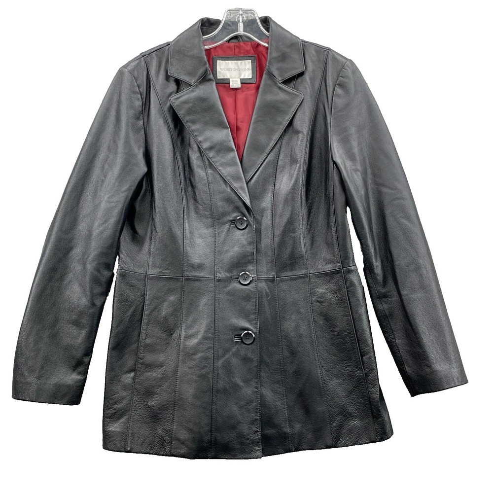 Worthington Leather Jacket Women Medium Black Button Up 70s Moto Chic Office 90s